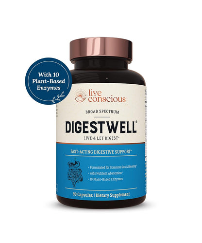 Live Conscious DigestWell Immediate Support - Fast-Acting Digestive Support | Broad Spectrum Enzyme, Probiotic & Herbal Formula - Decreases Everyday Gas & Bloating - 90 Capsules - PrimeBioHealth - canada supplements