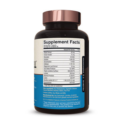 Live Conscious DigestWell Immediate Support - Fast-Acting Digestive Support | Broad Spectrum Enzyme, Probiotic & Herbal Formula - Decreases Everyday Gas & Bloating - 90 Capsules - PrimeBioHealth - canada supplements