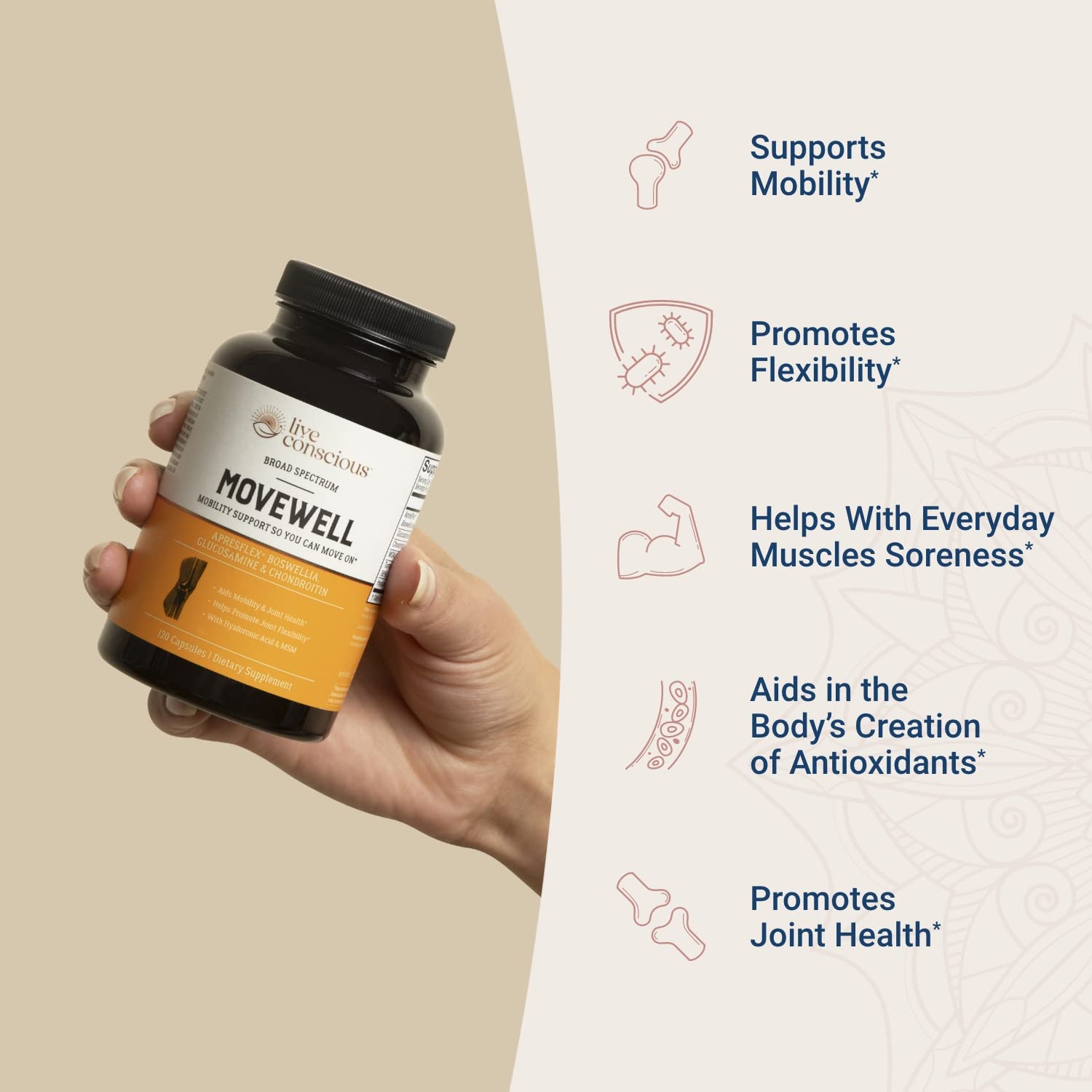 Live Conscious Glucosamine Chondroitin with MSM, Hyaluronic Acid, and More - MoveWell Joint Health Supplement - PrimeBioHealth - canada supplements
