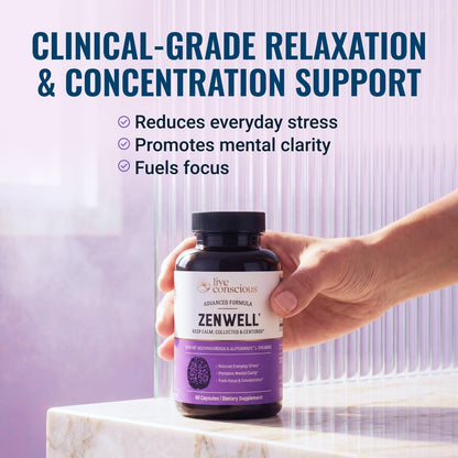 Live Conscious KSM-66 Ashwagandha Supplement w/L Theanine & AlphaWave - ZenWell Everyday Stress Relief, Cognitive, Brain Health - Ashwagandha for Men & Women - 60 Capsules - PrimeBioHealth - canada supplements