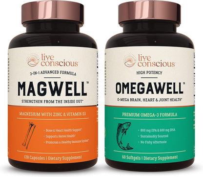 Live Conscious OmegaWell Fish Oil & MagWell Magnesium Zinc & Vitamin D3 | Bone & Heart Health, Immune System Support + Heart, Brain & Joint Support - PrimeBioHealth - canada supplements