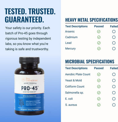 Live Conscious PRO45 Probiotics for Women & Men: Comprehensive Formula, 45 Billion CFU, 11 Strains, Dairy Free - w/Prebiotics and Probiotics - Promotes Immune & Gut Health - 30 Veggie Caps - PrimeBioHealth - canada supplements
