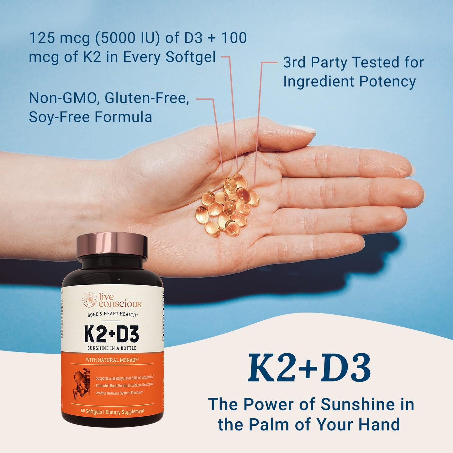 Live Conscious Vitamin K2 MK7 with D3 Supplement | Bone & Heart Health Support - Patented Vitamin K & Vitamin D3 5000 IU - 60 Softgels - PrimeBioHealth - canada supplements