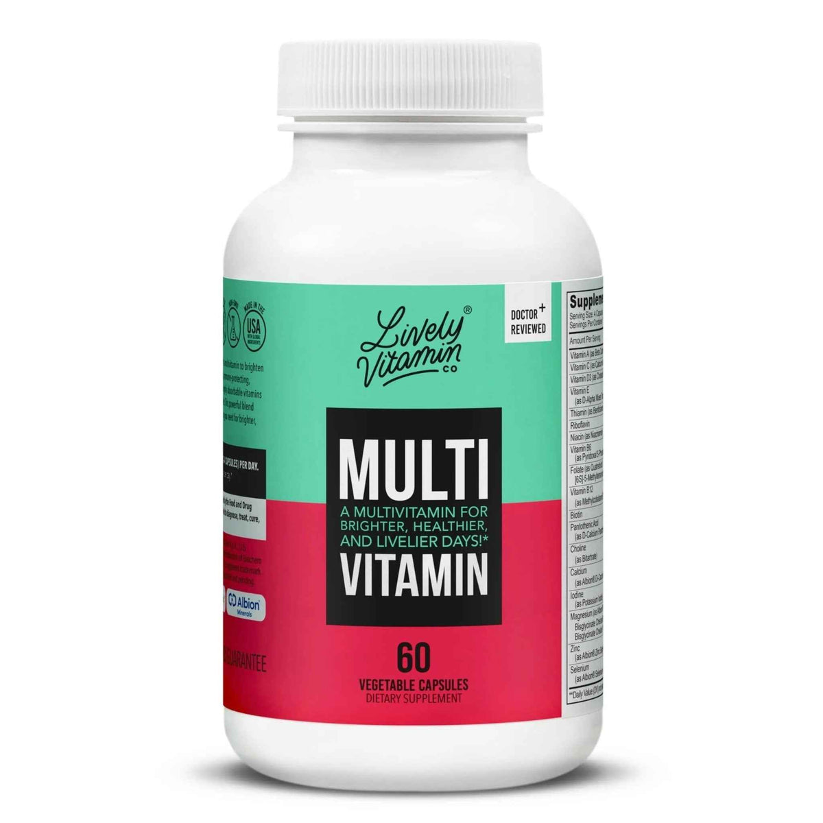 LIVELY VITAMIN CO. Multivitamin - 37 Vitamins Minerals and Extracts - Energy - Memory - Immune Function - Heart- Brain - Focus - Mood - Antioxidants - Dairy Gluten Soy Free - 60 Vegetarian Capsules