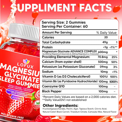 Lofux Magnesium Glycinate Gummies 400mg, Sugar Free Magnesium Gummies for Adults Women, Men, Chewable Supplement Gummy with L-Threonate, Vitamin D, B6, CoQ10 - PrimeBioHealth - canada supplements