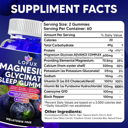 Lofux Magnesium Glycinate Gummies 400mg, Sugar Free Magnesium Gummies for Adults Women, Men, Chewable Supplement Gummy with L-Threonate, Vitamin D, B6, CoQ10 - PrimeBioHealth - canada supplements