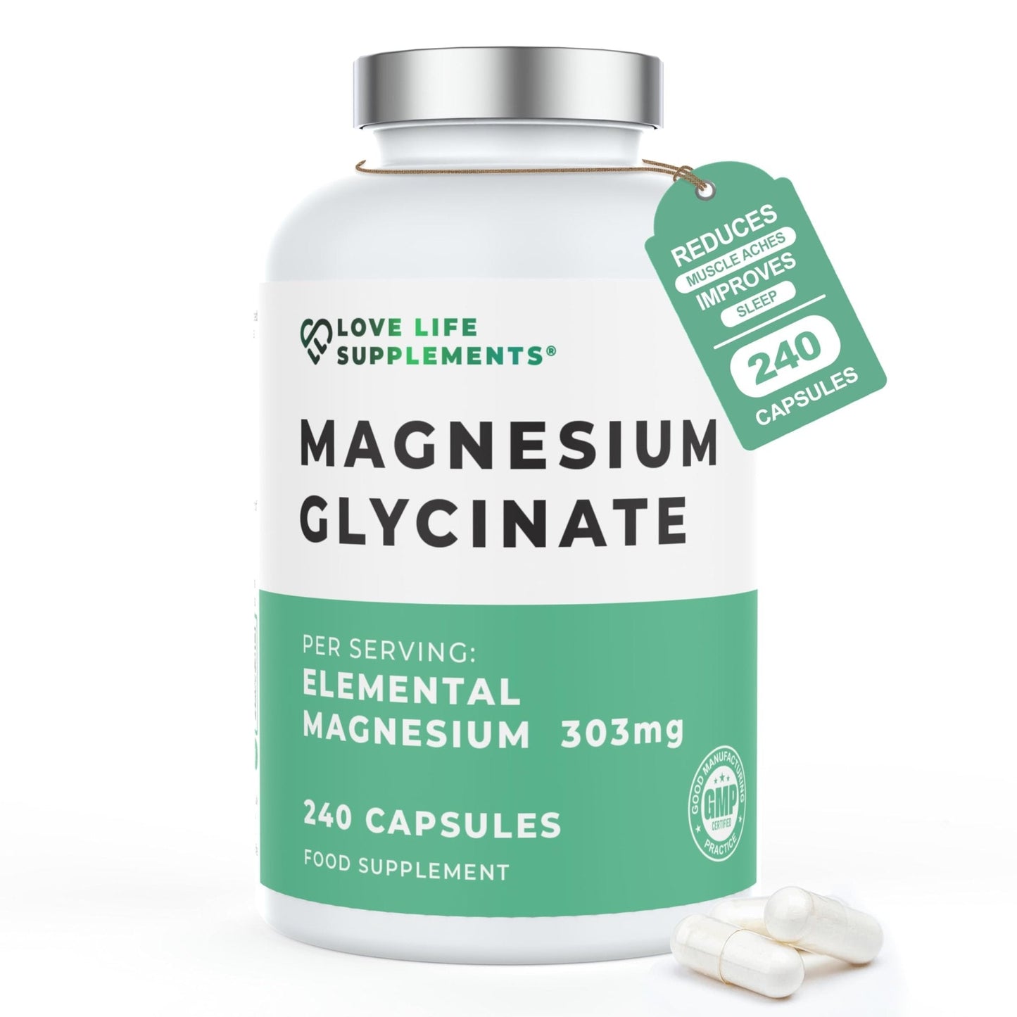 Love Life Supplements Pure Magnesium Glycinate (Bisglycinate), 240 Vegan Capsules, 2 Month Supply, High Strength 300mg Elemental - PrimeBioHealth - canada supplements