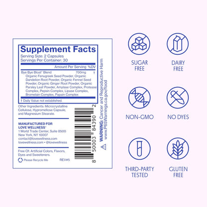 Love Wellness Bye Bye Bloat | Digestive Enzymes for Fast Acting Bloating Relief for Women | Helps Reduce Water Retention & Gas Relief | Supports Digestive Health - PrimeBioHealth - canada supplements