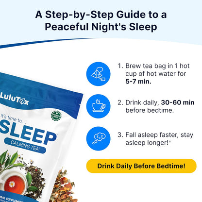 Lulutox Sleep Tea, Cortisol Calming Tea with Chamomile, Lavender, Valerian Root & Saffron, Stress Relief & Anxiety Bedtime Tea for Deep Sleep & Hormone Balance, 28 Caffeine Free Pyramid Tea Bags - PrimeBioHealth - canada supplements
