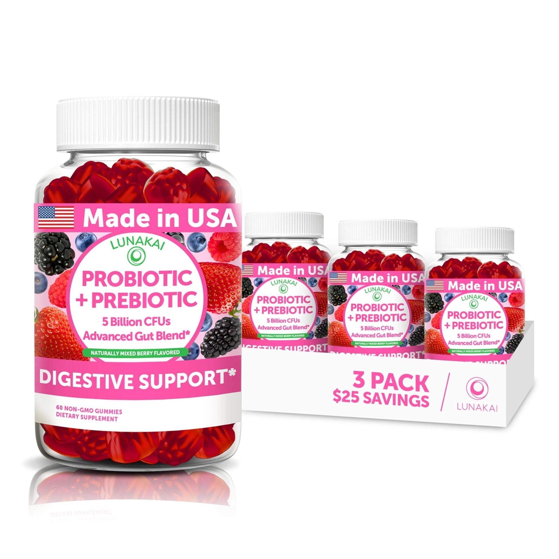 Lunakai USA Made Prebiotic + Probiotic Gummies for Women and Men - High Potency 5 Billion CFUs with Fibers - Non-GMO Gut Health Support - 3 Pack - PrimeBioHealth - canada supplements