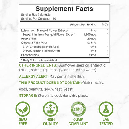 Lutein and Zeaxanthin Supplements, 40mg Per Serving, 300 Softgels – Plus Astaxanthin, Omega-3s, & Phospholipids – Non-GMO - PrimeBioHealth - canada supplements