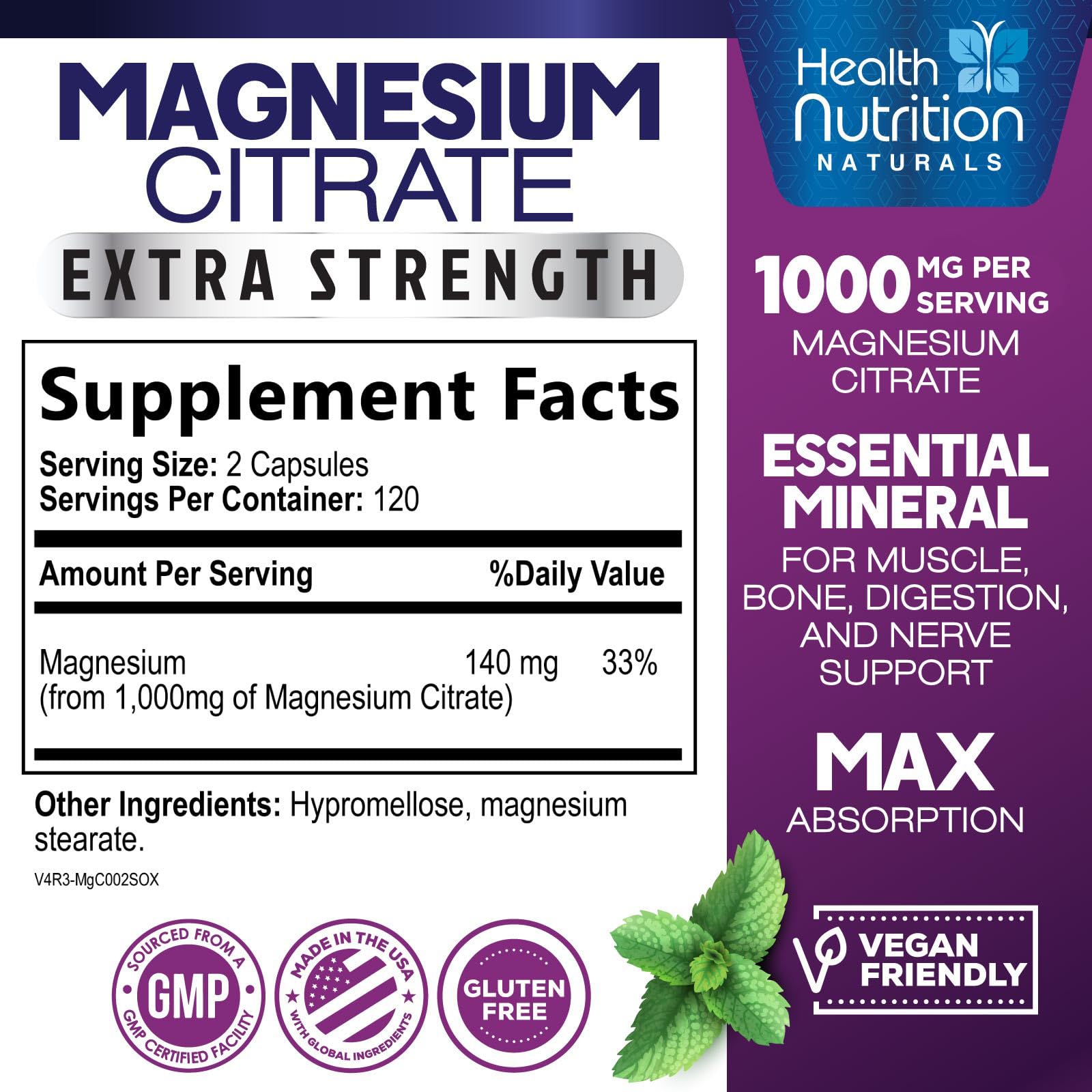 Magnesium Citrate 1000mg Per Serving - Max Absorption Magnesium Powder Capsules for Muscle, Nerve, Bone and Heart Health Support, High Absorption Citrate Complex - PrimeBioHealth - canada supplements
