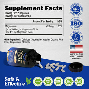 Magnesium Citrate Capsules 1000mg | High Absorption Supplement - Sleep, Muscle & Heart Support - Vegan | Non-GMO - Made in USA - As Powder - PrimeBioHealth - canada supplements