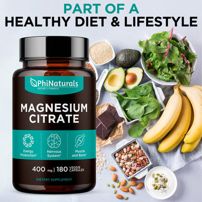 Magnesium Citrate Powder Capsules 400mg - 180 Count Veg Caps - PhiNaturals Supplements - Nervous System Support and Enzyme Function - PrimeBioHealth - canada supplements