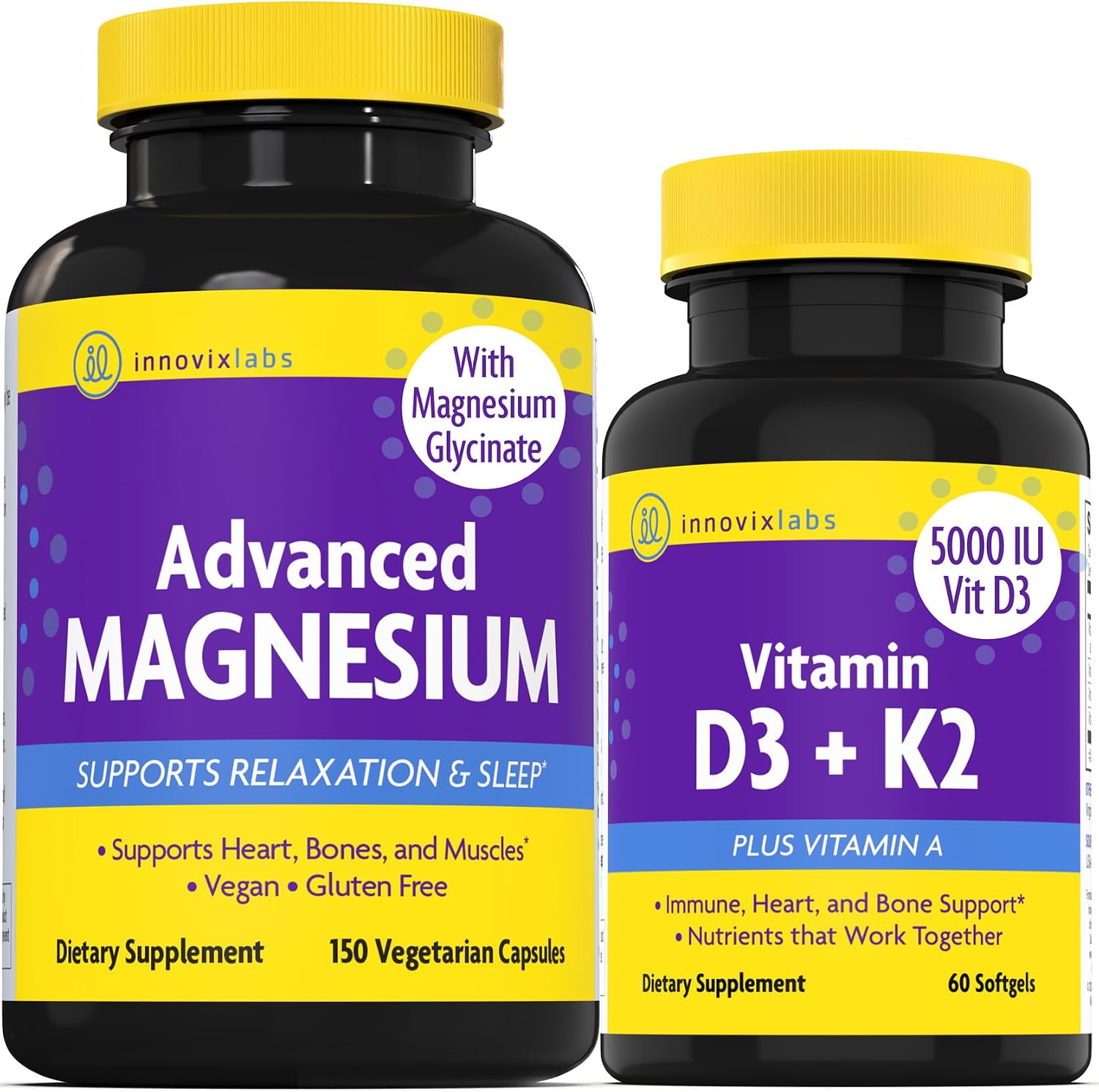 Magnesium & D3 Bundle: InnovixLabs Advanced Magnesium (150 Time-Release Capsules) and InnovixLabs Vitamin D3 +K2 Supplement (60 Softgels). Optimal Calcium Absorption, Supports Bone and Immune Health.* - PrimeBioHealth - canada supplements