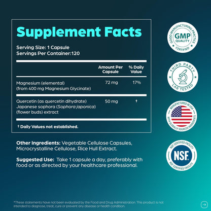 Magnesium Glycinate 400mg High Absorption Capsules with Quercetin | Quality Sleep, Relaxation & Muscle Health Supplement for Women and Men | Chelated Magnesium 120 Count - PrimeBioHealth - canada supplements
