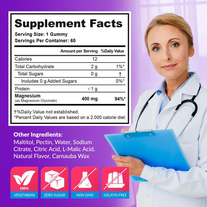 Magnesium Glycinate Gummies 400mg, Muscle Support and Relaxation, Magnesium Supplement for Women, Men and Kids, High Absorption, Sugar Free, - PrimeBioHealth - canada supplements