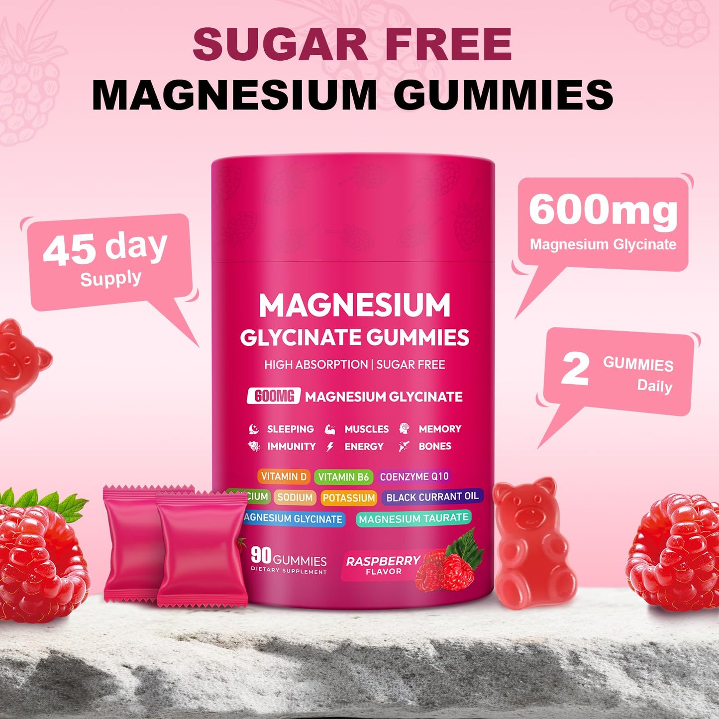 Magnesium Glycinate Gummies 600mg, High Absorption Magnesium Complex, Sugar Free Chewables Gummies with VitaminD & B6 - PrimeBioHealth - canada supplements