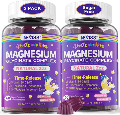 Magnesium Glycinate Gummies for Adults & Kids 4+, Sugar Free Magnesium Bisglycinate Supplement 400/200mg with B6D3, L-Theanine for Sleep & Relaxation, Brain, Muscle, Melatonin Free Gummies,2Pack - PrimeBioHealth - canada supplements