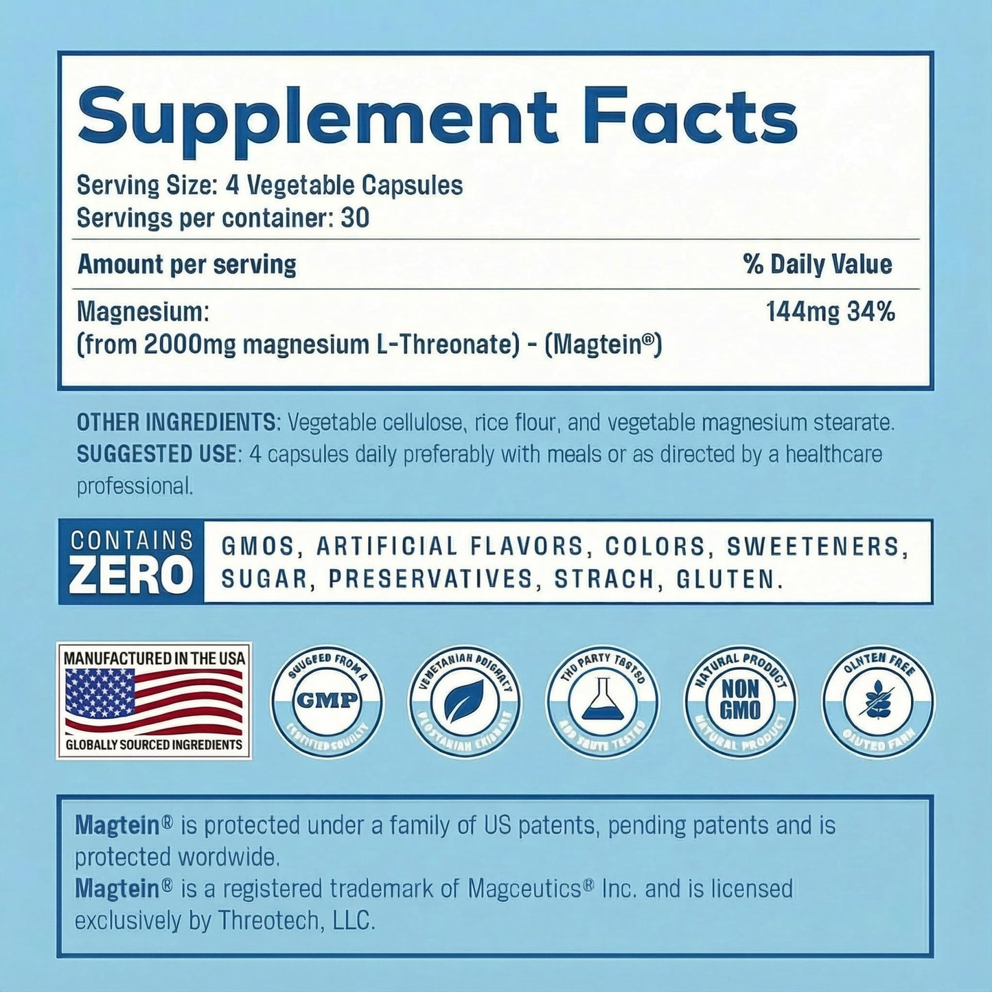 Magnesium L Threonate, Magtein, Brain Supplement for Memory, Focus, Sleep and Cognitive Support, High Absorption Magnesium L-Threonate, Non-GMO - PrimeBioHealth - canada supplements