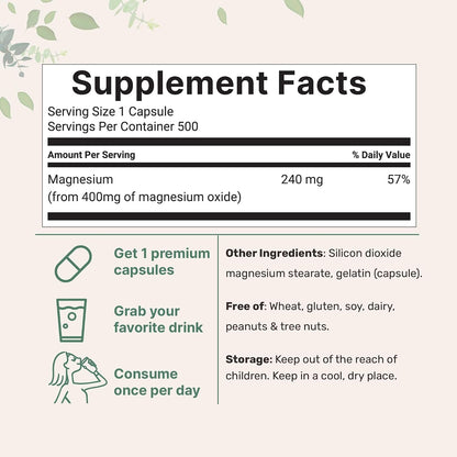Magnesium Oxide 400mg, 500 Capsules | Elemental Form for Max Concentration | Supports Calm, Muscle & Nerve Health | Non-GMO - PrimeBioHealth - canada supplements