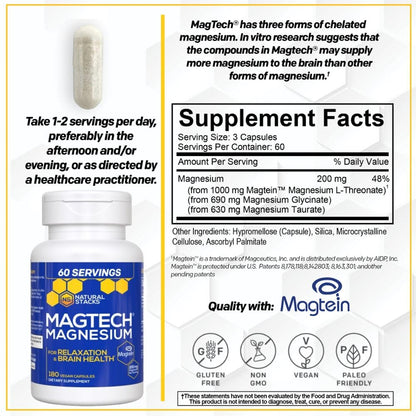 MagTech Magnesium Supplement - 3 Forms of Magnesium: Magtein L-Threonate, Glycinate & Taurate - 200mg Chelated Magnesium Complex - PrimeBioHealth - canada supplements