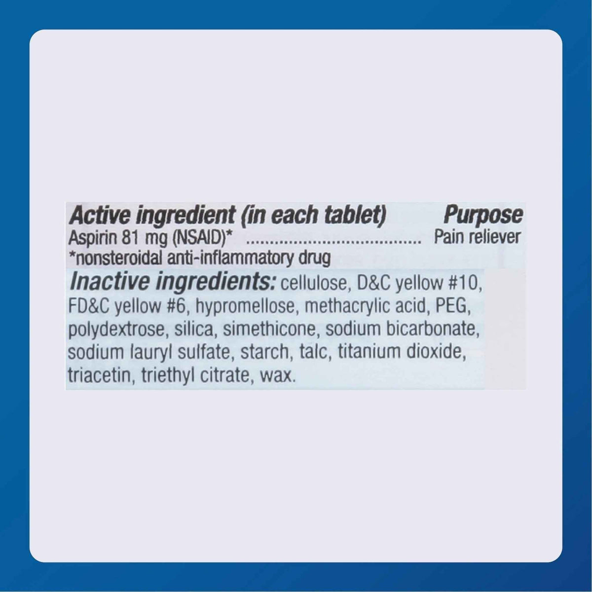 MAJOR Aspirin Low Dose 81 Mg - Pain Reliever (NSAID) - Enteric Coated - 250 Tablets