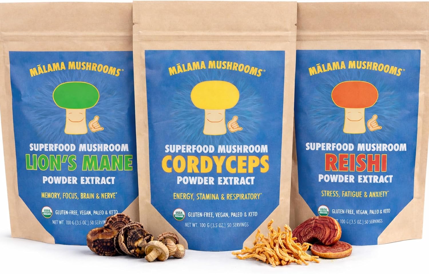 Malama All-Day Vitality Bundle – Lion’s Mane, Cordyceps & Reishi Mushroom Extract Powders – Organic Adaptogenic Superfood Trio for Focus, Energy & Relaxation – Vegan Supplements 3.5 oz (3-Pack) - PrimeBioHealth - canada supplements