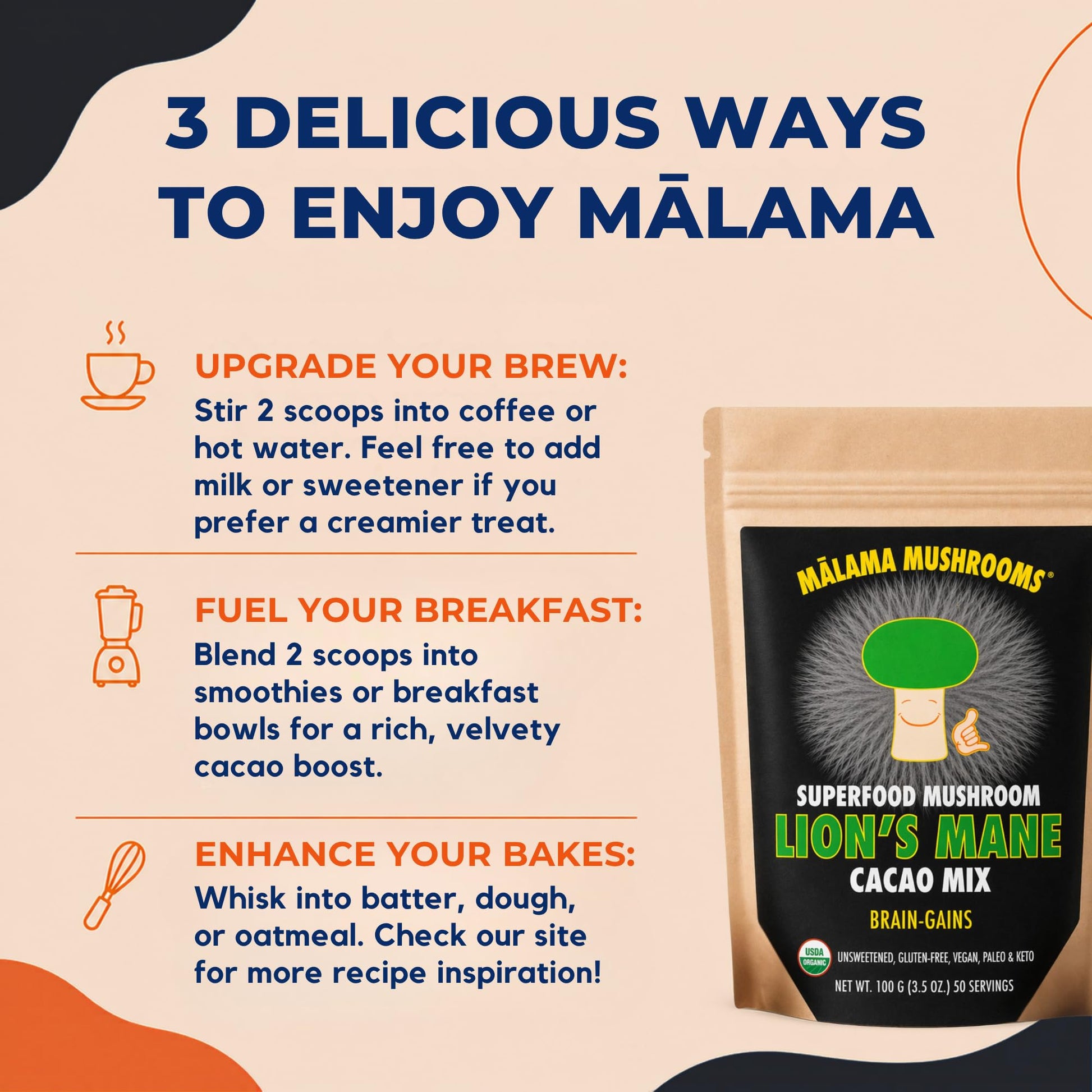 Malama Organic Mushroom Hot Cacao Mix, Lion's Mane Mushroom Powder with Fair Trade Cacao for Focus, Memory, & Immune Support – Vegan Superfood, Non GMO, 3.5 oz (50 Servings) - PrimeBioHealth - canada supplements