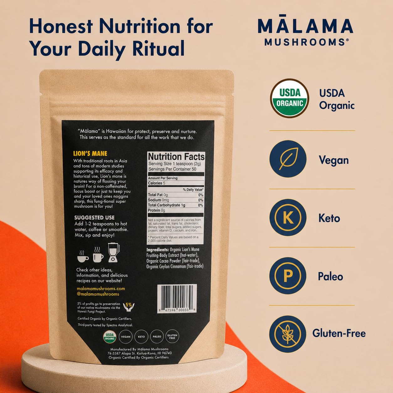 Malama Organic Mushroom Hot Cacao Mix, Lion's Mane Mushroom Powder with Fair Trade Cacao for Focus, Memory, & Immune Support – Vegan Superfood, Non GMO, 3.5 oz (50 Servings) - PrimeBioHealth - canada supplements