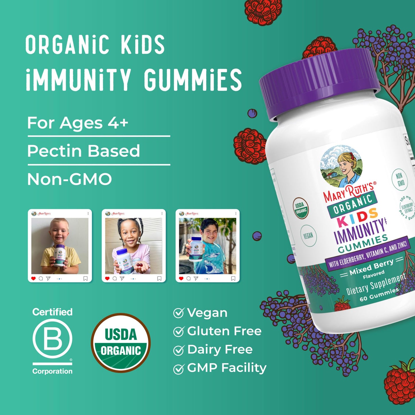 MaryRuth Organics Kids Immune Support Gummies | USDA Organic | Vitamin C, Zinc, and Elderberry Gummies for Kids| Immune Support for Ages 4+ | Vegan - PrimeBioHealth - canada supplements