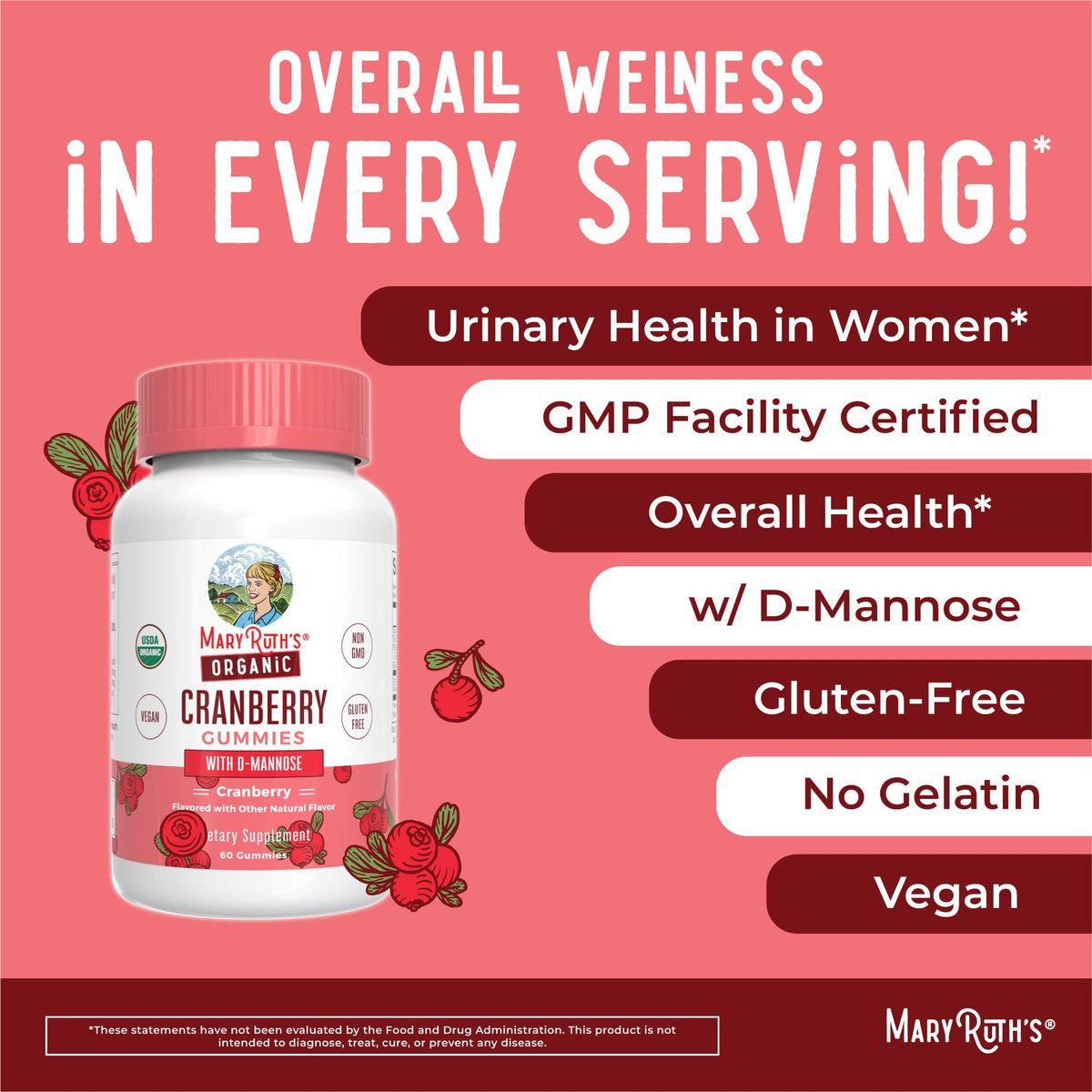 MaryRuth Organics Organic Cranberry Gummies - 500mg Supplement | Urinary Tract Health for Women | with D Mannose | Traditional Use - PrimeBioHealth - canada supplements