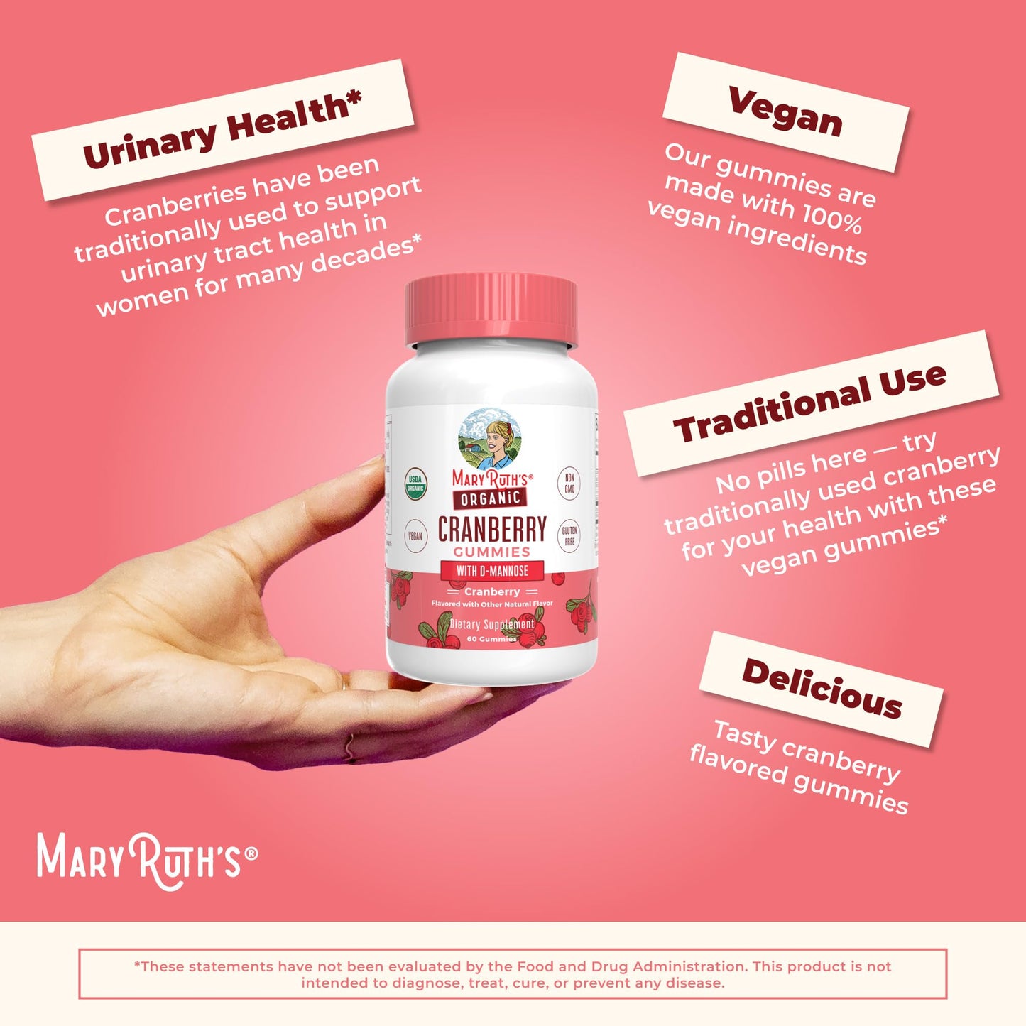 MaryRuth Organics Organic Cranberry Gummies - 500mg Supplement | Urinary Tract Health for Women | with D Mannose | Traditional Use - PrimeBioHealth - canada supplements
