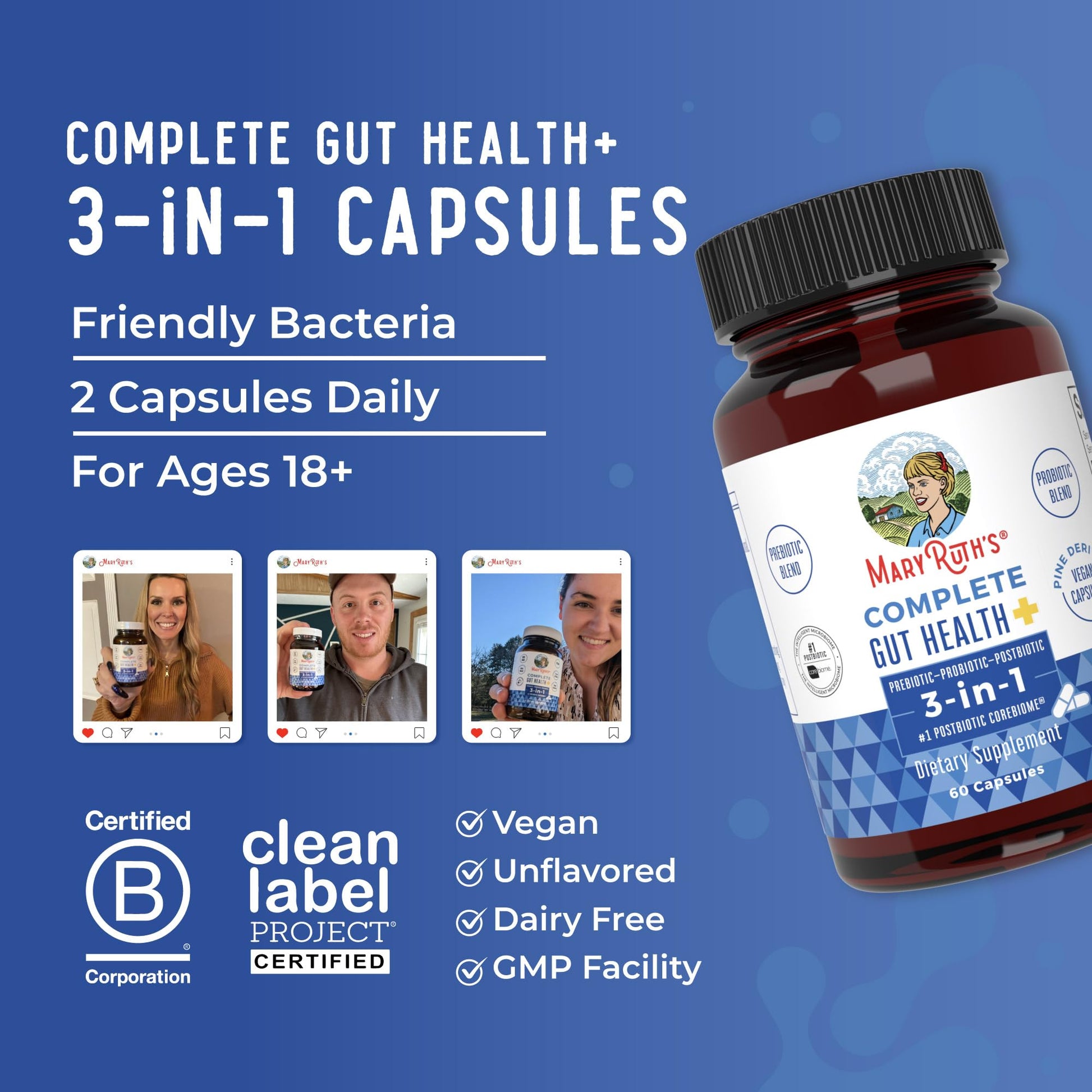 MARYRUTH'S Complete Gut Health+ Capsules | 5 Probiotic Blend | Butyrate | Corebiome® | Vegan Gut Support | Support Gastrointestinal Health & Microbiome - PrimeBioHealth - canada supplements