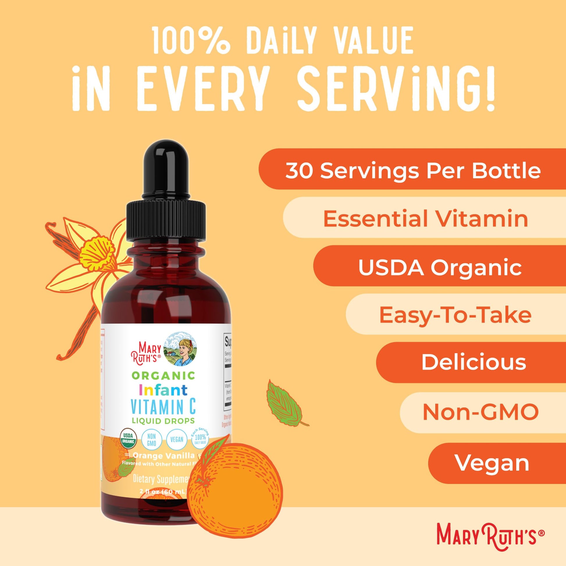 MARYRUTH'S Organic Toddler Vitamin C Drops for Immunity | Ages 1-3 Years | 15 mg Per Serving | Vitamin C for Immune Support & Overall Health | Vegan | Sugar Free | Gluten Free | Non-GMO | 30 Servings - PrimeBioHealth - canada supplements
