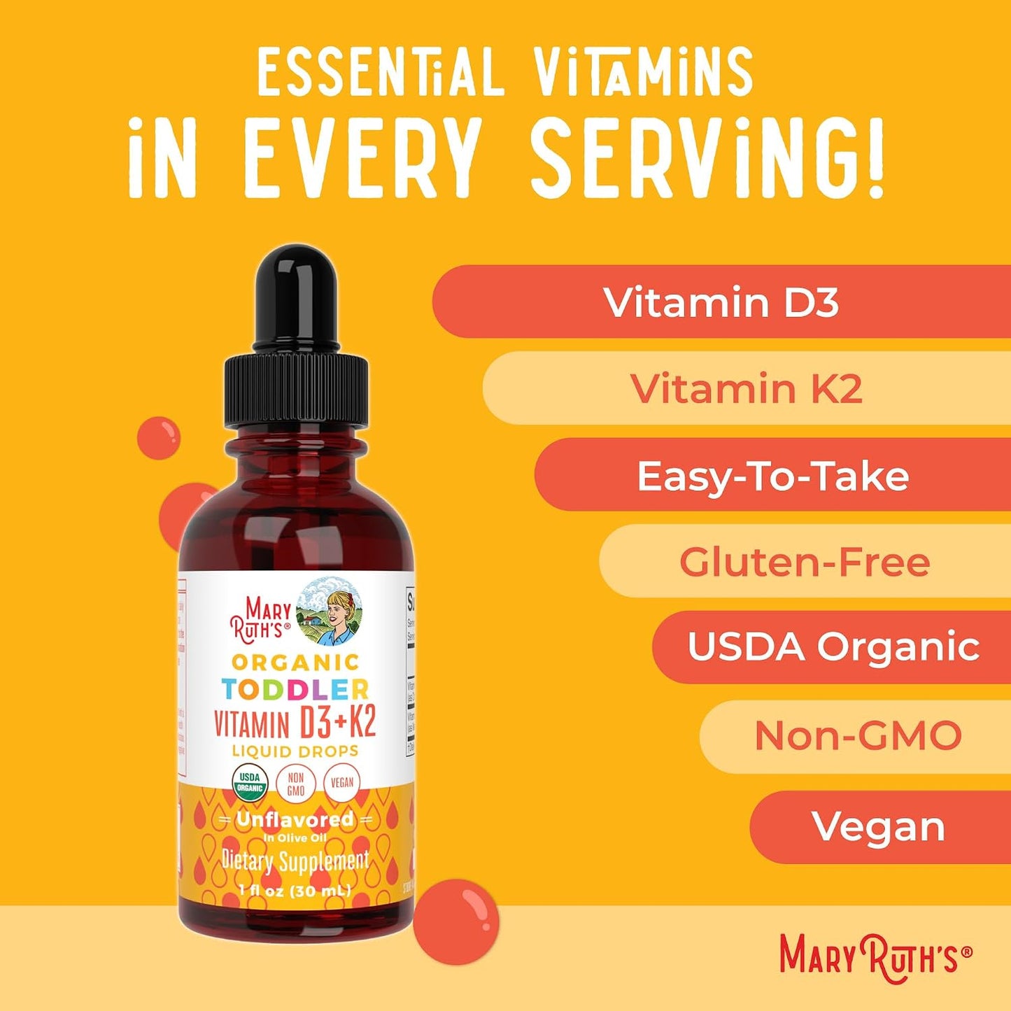 MARYRUTH'S Organics Vitamin D3 | Vitamin K2 | Vitamin D3 K2 Drops | K2 D3 Vitamin Liquid Supplement for Toddlers | Kids Supplement for Calcium Absorption Strong Bones | Vegan | Gluten Free | 1 Fl Oz - PrimeBioHealth - canada supplements