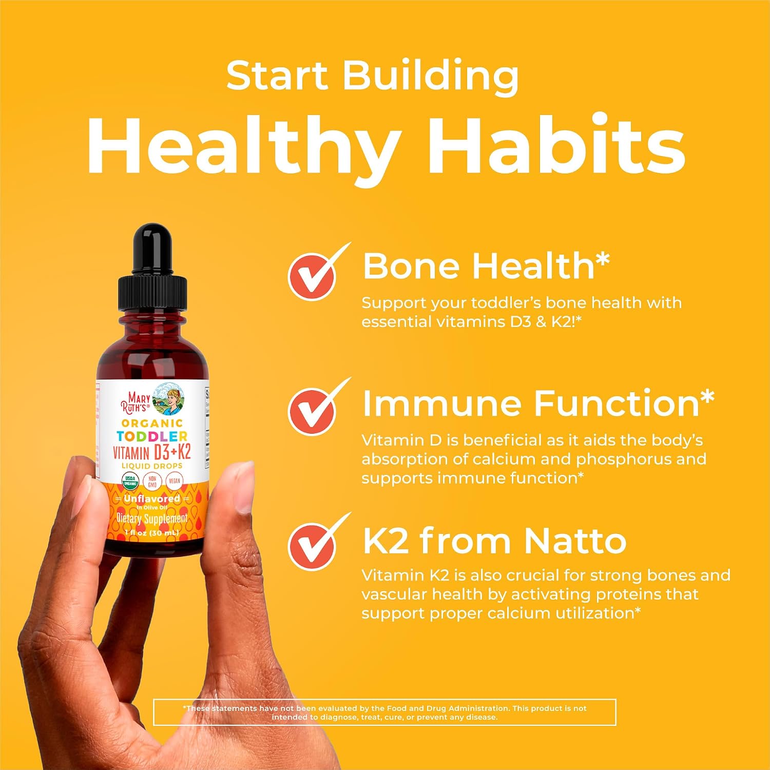 MARYRUTH'S Organics Vitamin D3 | Vitamin K2 | Vitamin D3 K2 Drops | K2 D3 Vitamin Liquid Supplement for Toddlers | Kids Supplement for Calcium Absorption Strong Bones | Vegan | Gluten Free | 1 Fl Oz - PrimeBioHealth - canada supplements