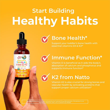 MARYRUTH'S Organics Vitamin D3 | Vitamin K2 | Vitamin D3 K2 Drops | K2 D3 Vitamin Liquid Supplement for Toddlers | Kids Supplement for Calcium Absorption Strong Bones | Vegan | Gluten Free | 1 Fl Oz - PrimeBioHealth - canada supplements