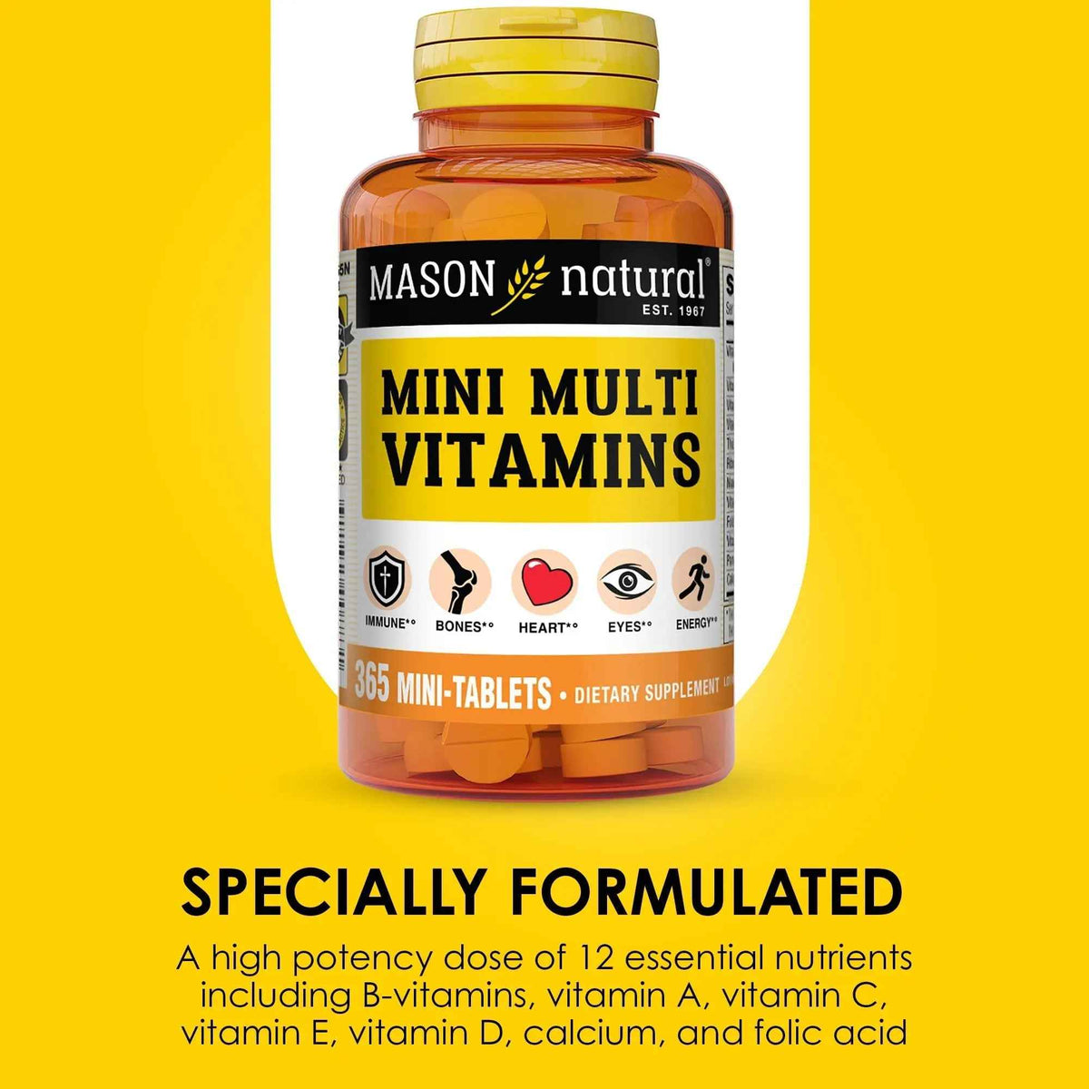 MASON NATURAL Mini Multi Vitamins, Vitamins A, C, D3, E, B1, B2, B3, B6, B12, Folate and Calcium for Overall Health, 1 Year Supply
