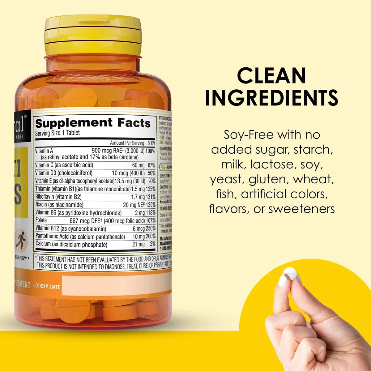 MASON NATURAL Mini Multi Vitamins, Vitamins A, C, D3, E, B1, B2, B3, B6, B12, Folate and Calcium for Overall Health, 1 Year Supply