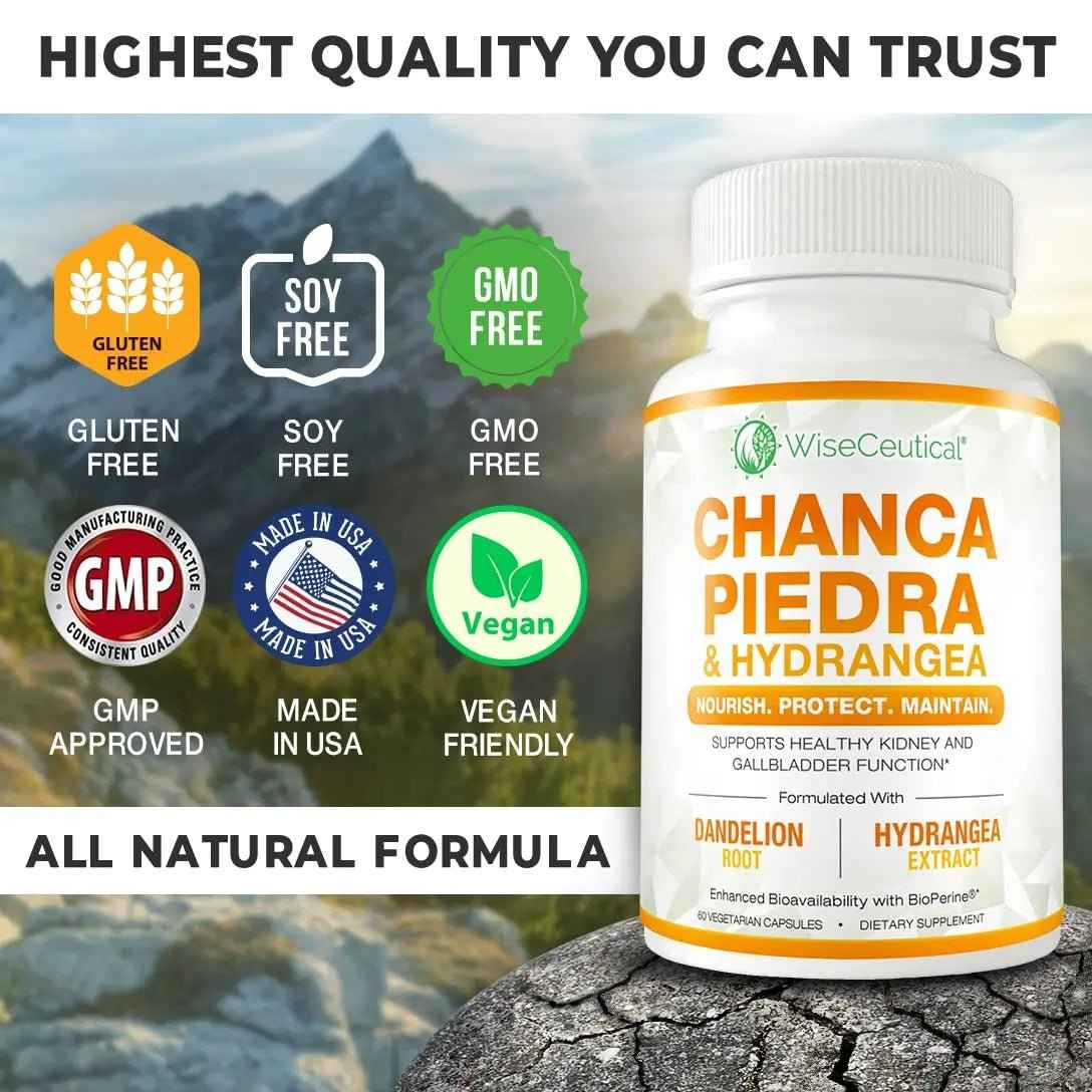 Max Strength Chanca Piedra, Hydrangea & Dandelion Root - Natural Kidney & Gallbladder Formula - Stone Breaker, Flush Impurities, Cleanse Urinary Tract - Enhanced with BioPerine. 60 Veggie Capsules.