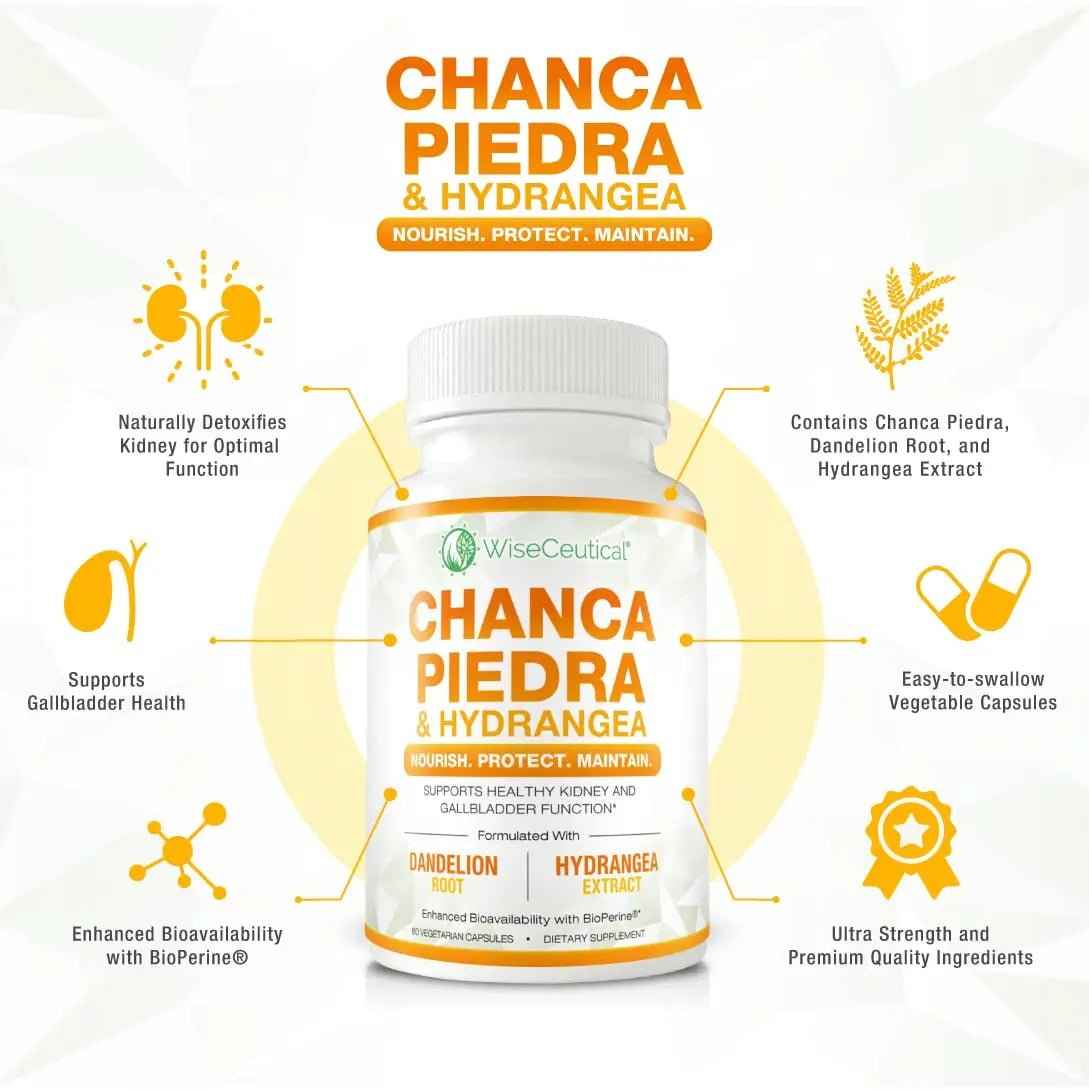 Max Strength Chanca Piedra, Hydrangea & Dandelion Root - Natural Kidney & Gallbladder Formula - Stone Breaker, Flush Impurities, Cleanse Urinary Tract - Enhanced with BioPerine. 60 Veggie Capsules.