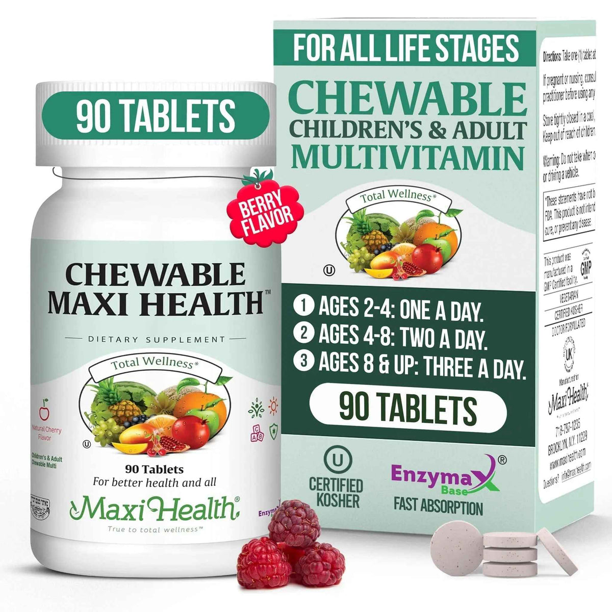Maxi Health Chewable Multivitamin for Kids, Teens and Adults - Cherry Chewable Vitamins for Adults & Children
