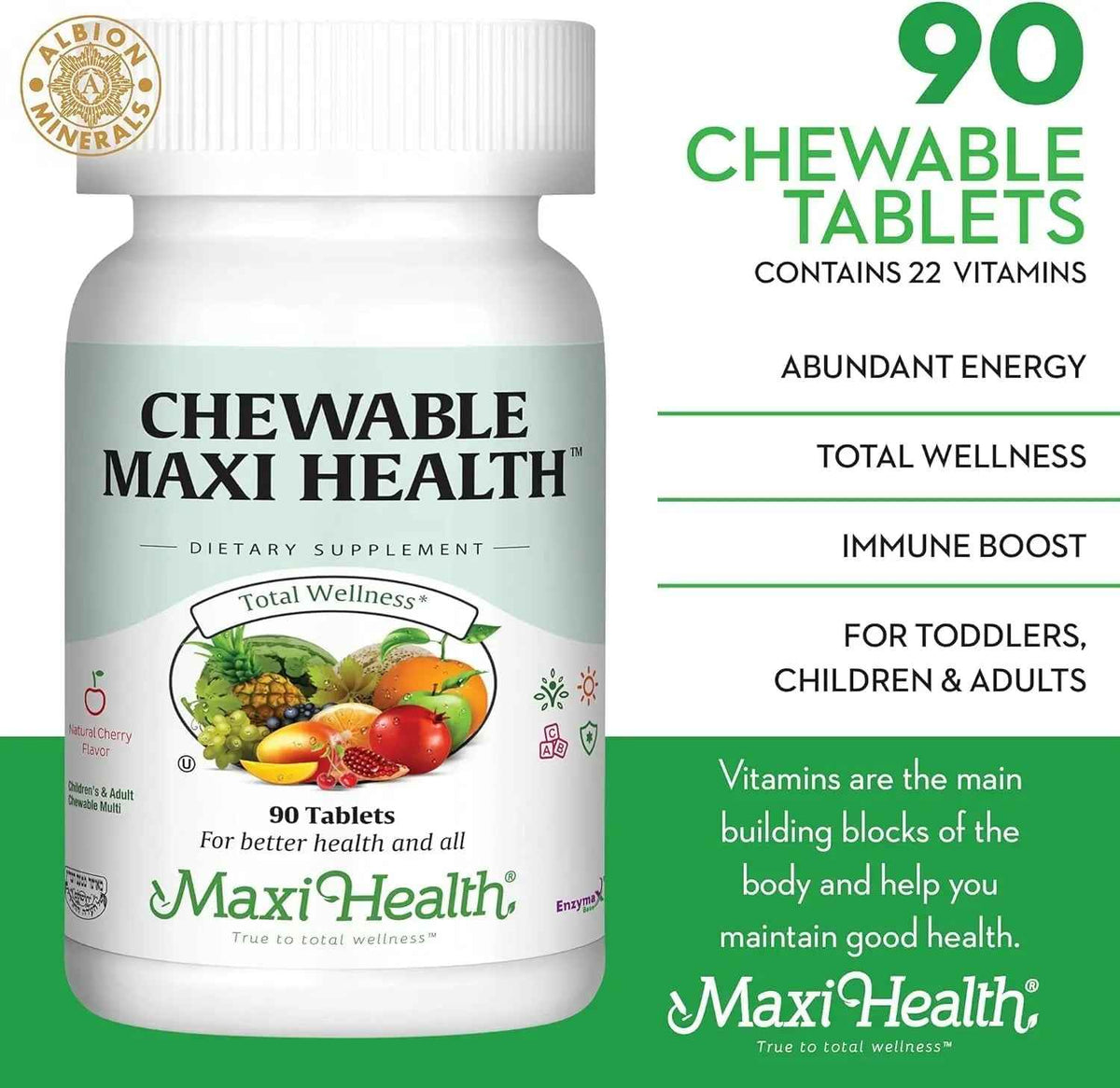 Maxi Health Chewable Multivitamin for Kids, Teens and Adults - Cherry Chewable Vitamins for Adults & Children