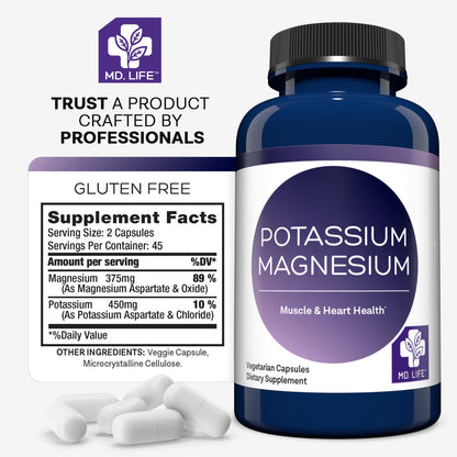 MD. Life Potassium Magnesium Supplement - 90 Capsules - Magnesium Potassium Supplement - High Absorption Complex - PrimeBioHealth - canada supplements