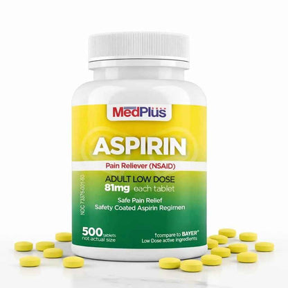 MedPlus Low Dose Aspirin 81 mg - 500 Tablets | Enteric Coated | Pain Reliever for Minor Aches and Pains, Fever Reducer - Made in USA