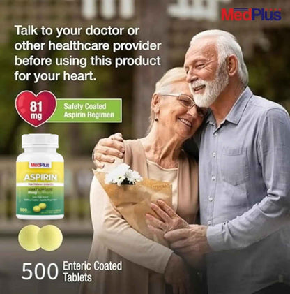 MedPlus Low Dose Aspirin 81 mg - 500 Tablets | Enteric Coated | Pain Reliever for Minor Aches and Pains, Fever Reducer - Made in USA