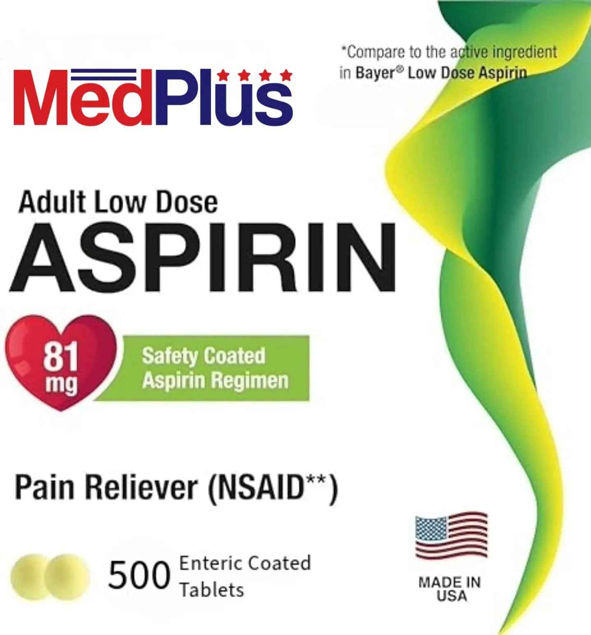 MedPlus Low Dose Aspirin 81 mg - 500 Tablets | Enteric Coated | Pain Reliever for Minor Aches and Pains, Fever Reducer - Made in USA