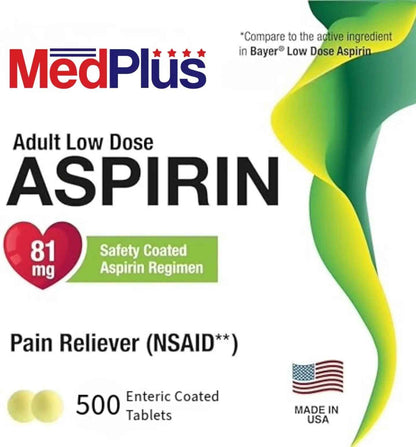 MedPlus Low Dose Aspirin 81 mg - 500 Tablets | Enteric Coated | Pain Reliever for Minor Aches and Pains, Fever Reducer - Made in USA