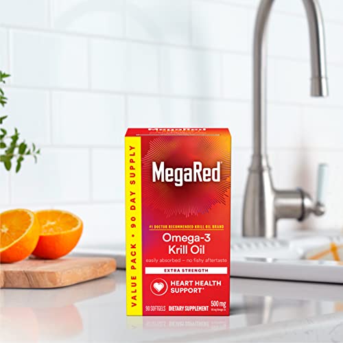 MegaRed Antarctic Krill Oil 500mg Omega 3 Fatty Acid Supplement, Extra Strength EPA & DHA Krill Oil Softgels (90cnt Box), Astaxanthin - PrimeBioHealth - canada supplements